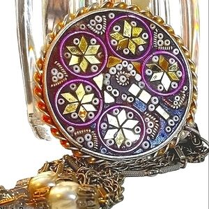 Medallion Necklace Purple Gold Mosaic Pendant  Vintage